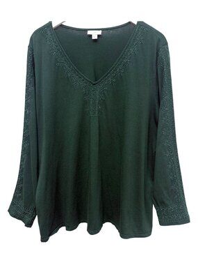 J JILL Embroidered Tee Womens Plus Size 2X Green Long Sleeve V Neck Boho Top